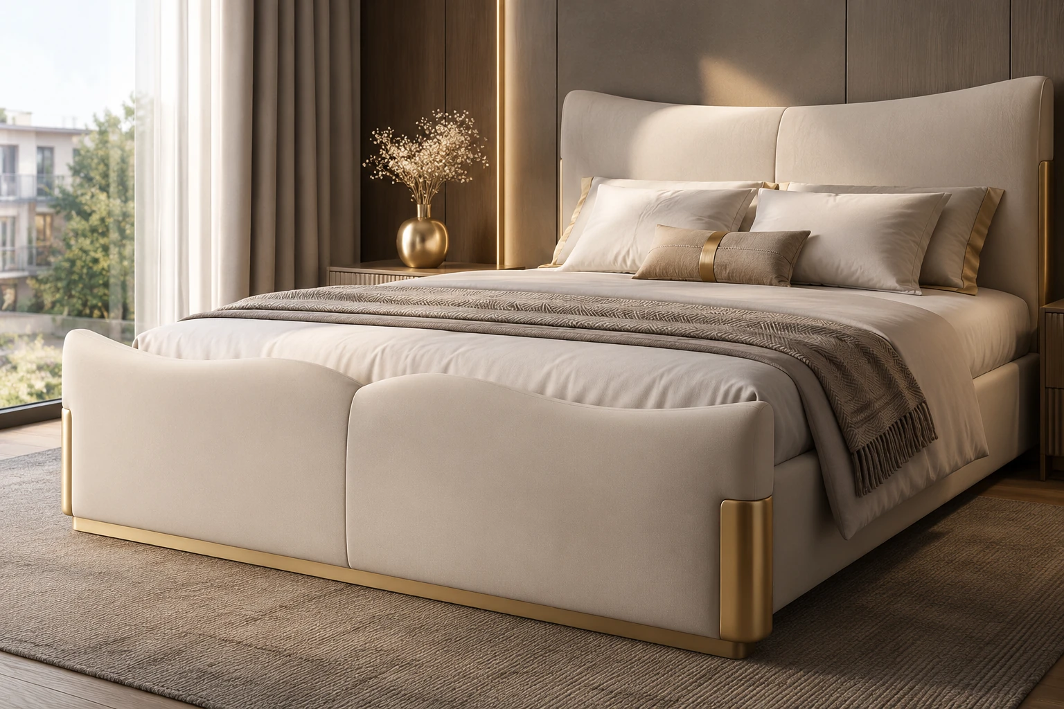 Dormitorio moderno con cama tapizada y estructura textil premium