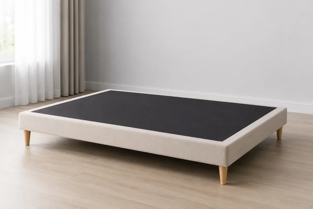 Base tapizada moderna para cama sin colchón en dormitorio minimalista