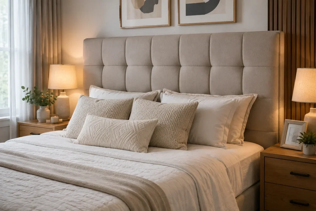 Dormitorio elegante con cabecero tapizado acolchado y cama moderna