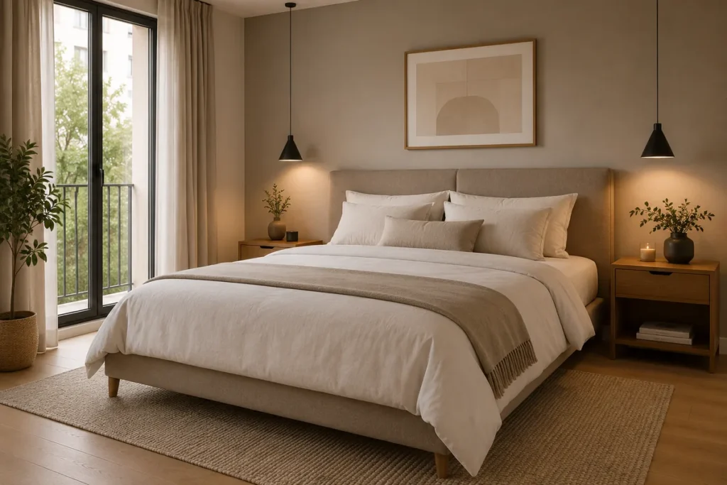 Dormitorio moderno con colchón de matrimonio y cama doble elegante en Barcelona