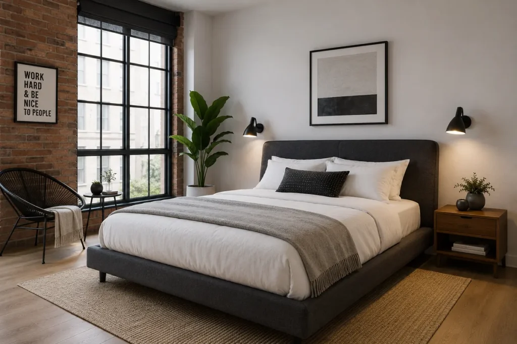 Dormitorio moderno estilo loft con colchón Queen Size y cama amplia elegante