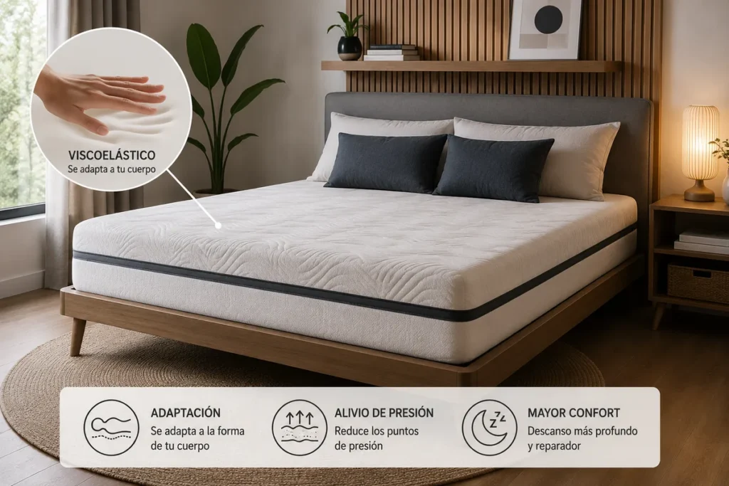 Colchón viscoelástico moderno con efecto memory foam y adaptación al cuerpo