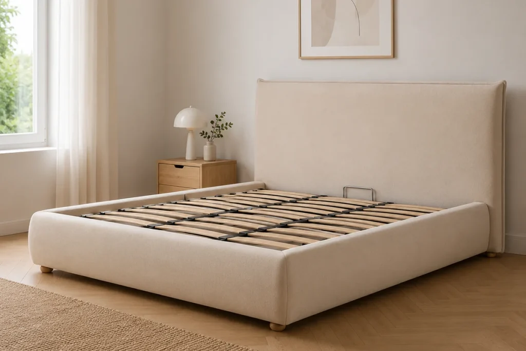 Estructura de cama tapizada sin colchón en dormitorio moderno